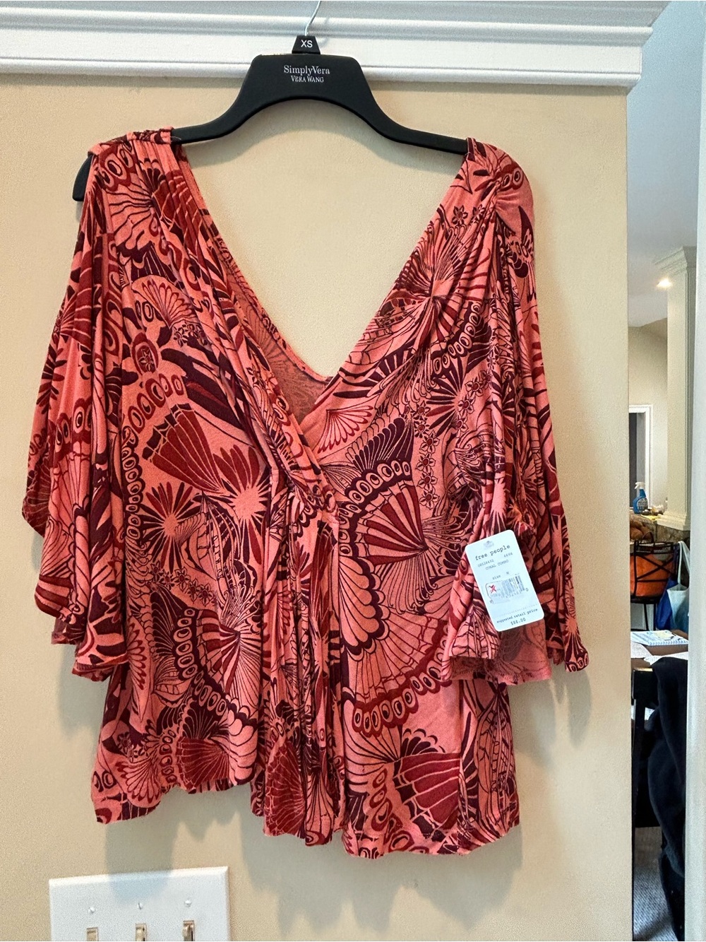 Free People Coral & Burgundy Printed V-Neck Tunic